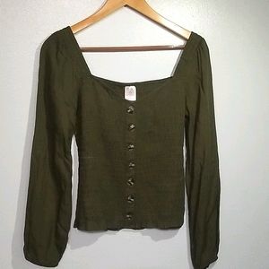 Olive Green Long Sleeve Peasant Top with Buttons